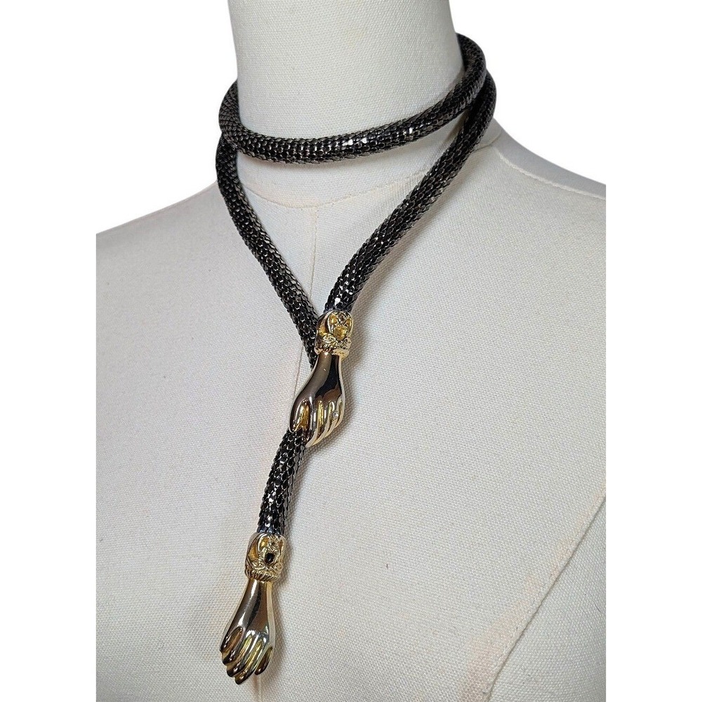Vintage DL Auld Black Gold Mesh Hand Clasp Belt Necklace Victorian Revival
